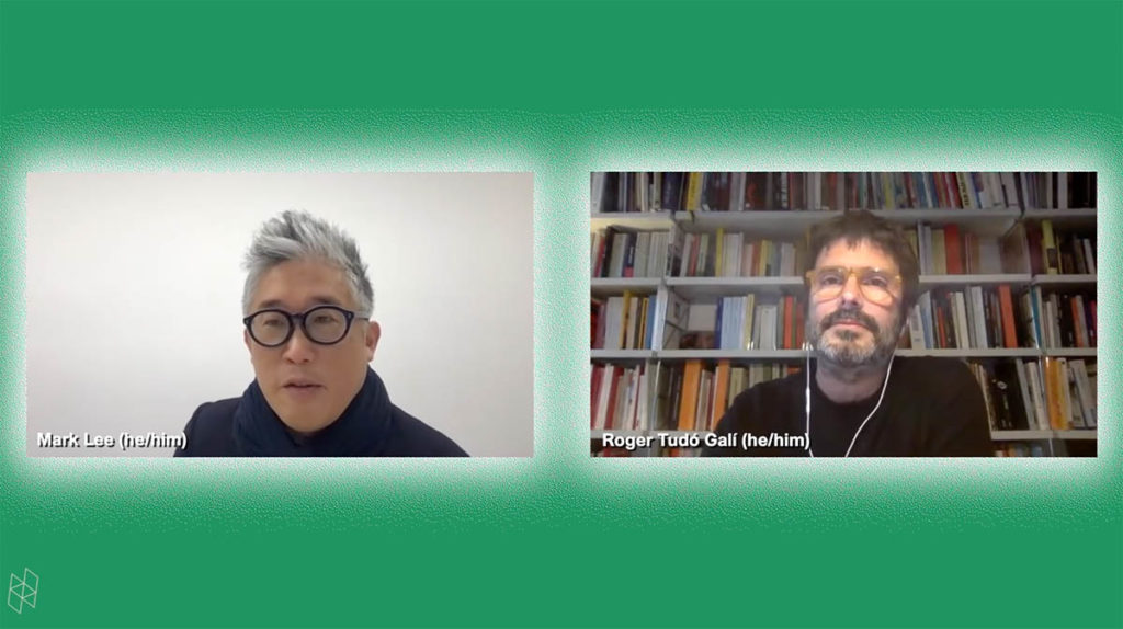 Screenshot from a virtual event. Mark Lee and Roger Tudó Galí appear in two rectangles side-by-side. They are surrounded by a green background.