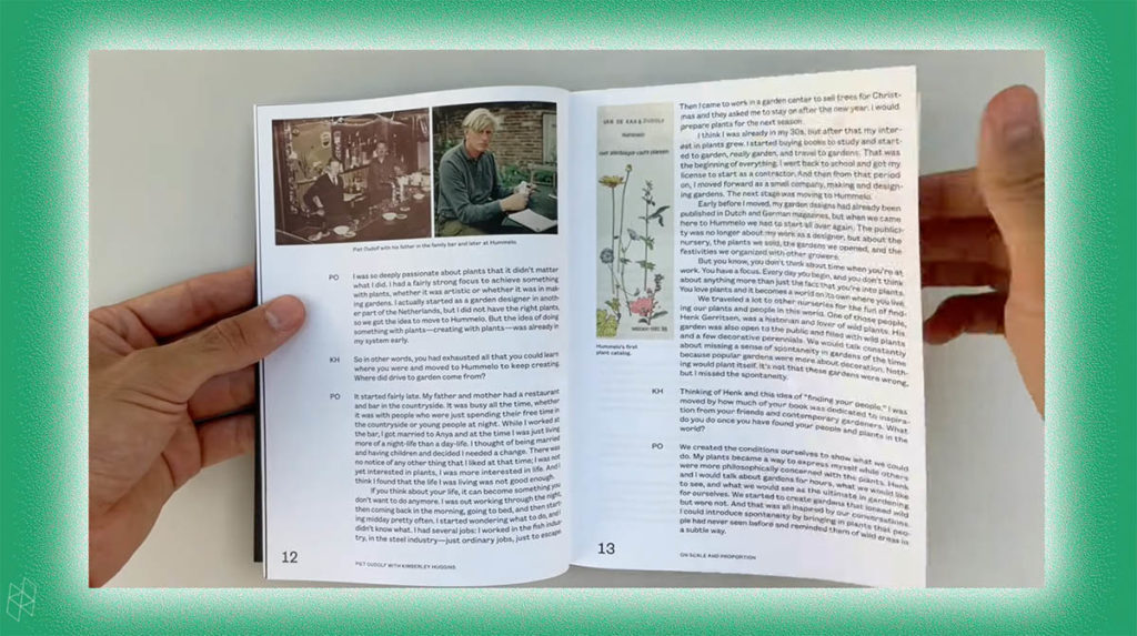 Screenshot of a virtual event. Two hands hold the new publication, Pairs, flipping through the pages. A green border surrounds the image.