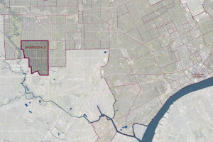 Map showing the location of the Warrendale neighborhood within the limits of the city of Detroit and bordering the city of Dearborn, a largely middle eastern immigrant community.