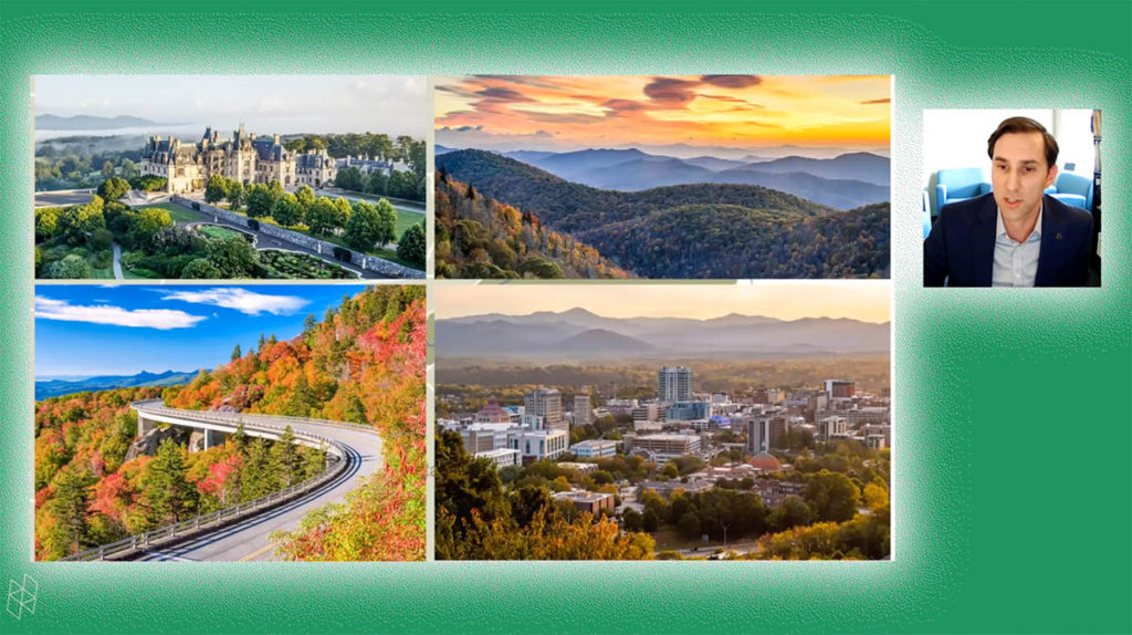 Screenshot from a virtual event. Todd Okolichany appears in a small square on the right and wears a light blue shirt and dark blue jacket. A larger rectangle shows his PowerPoint presentation, which contains pictures of the city of Asheville. Todd and the PowerPoint are surrounded by a green background.