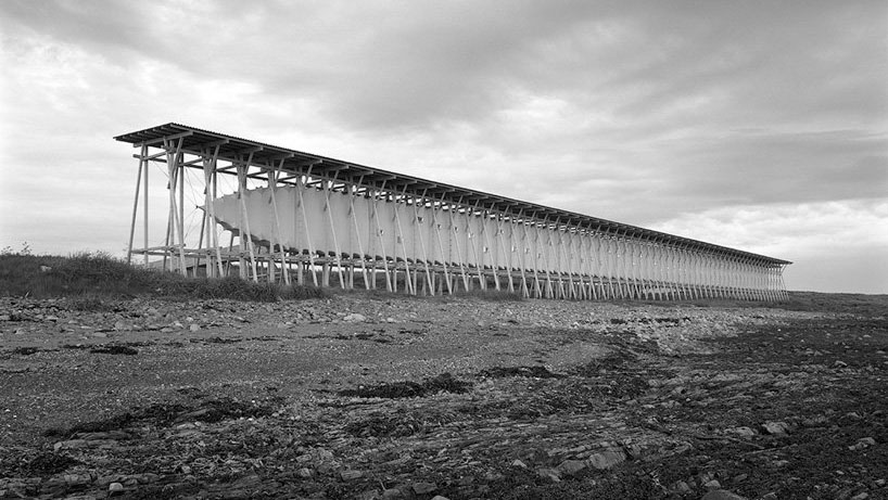 Black and white photograph of Steilneset Memorial is a monument in Vardø, Norway