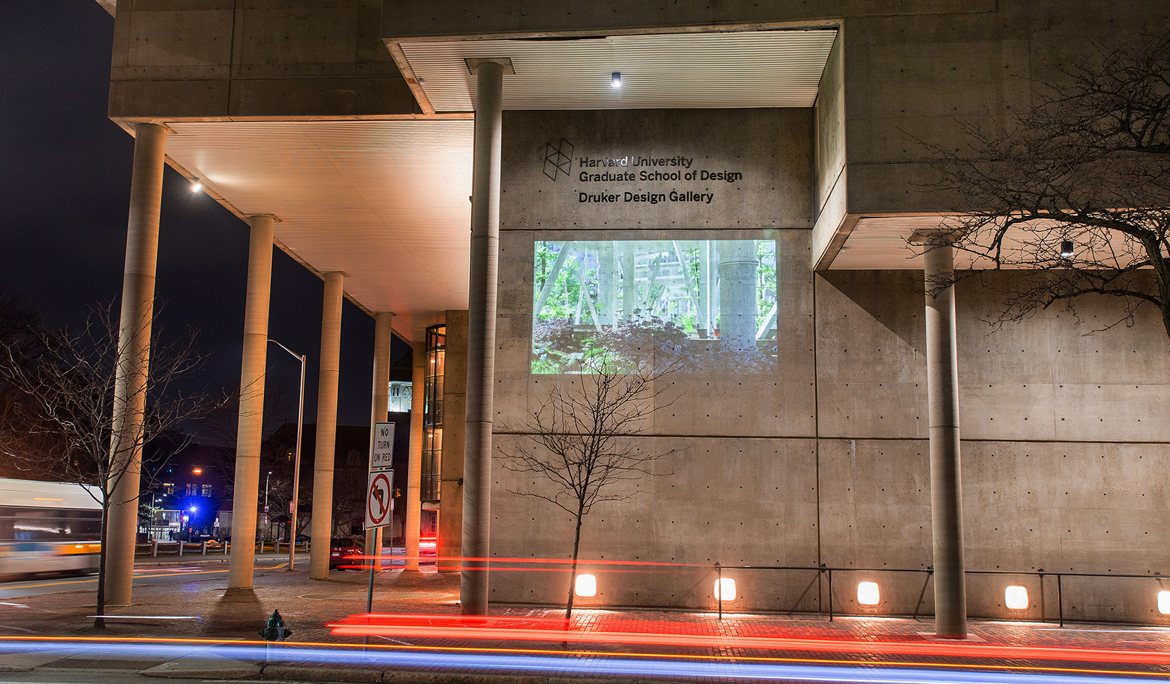 The Cambridge Street facade of Gund hall at night. On the wall is projected an image of white structural columns of a building, creating an open area filled with trees and vegetation.