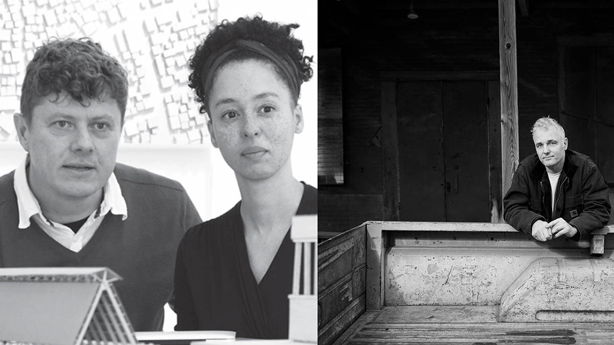 Black and white image of Heinrich and Ilze Wolff next to a black-and-white image of Andrew Freear, who leans over the back of a pickup truck.