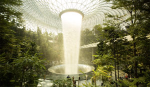 A large interior space filled with lush green plants and trees, with a curved glass ceiling. The glass dome curves down to a funnel-shape in the center, through which a waterfall runs down to a central pool.