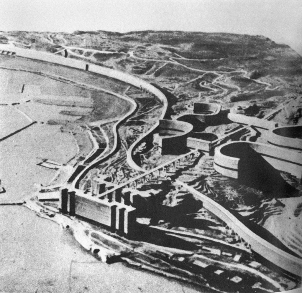 Black and white image of birds eye perspective view of the master plan