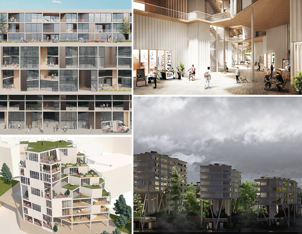 Collage of four images, each a different project for a dual-use residential building.