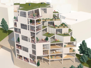 A dual-use housing block with diverse live-work units and a peripheral vertical core of shared spaces to promote interaction between different users. Birds-eye view of a residential building with 9 stories with a grass-covered roof and balconies.
