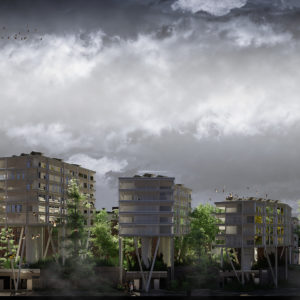 Three residential buildings rise above street level on stilts and columns, surrounded by trees and vegetation with dramatic clouds overhead.