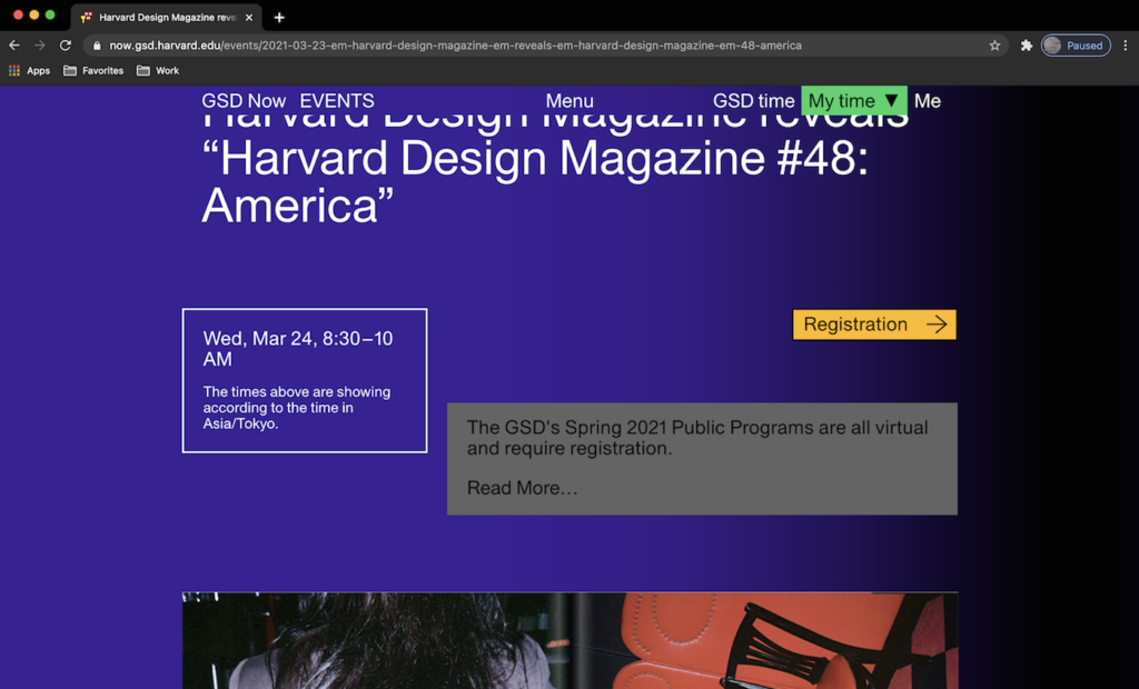 GSD Now enables users to set their time zone to either their personal location or "GSD Time." Background coloring shifts from yellow to midnight blue as the day progresses.