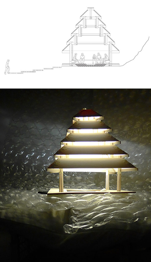Drawing and rendering of a tiered structure by by Audrey Haliman 