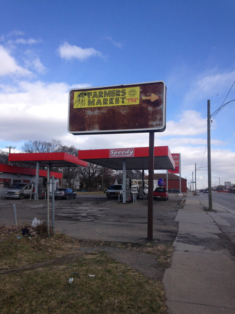 Advertisement for Brightmoor’s farmers market organized by the white newcomers, posted at a local gas station.