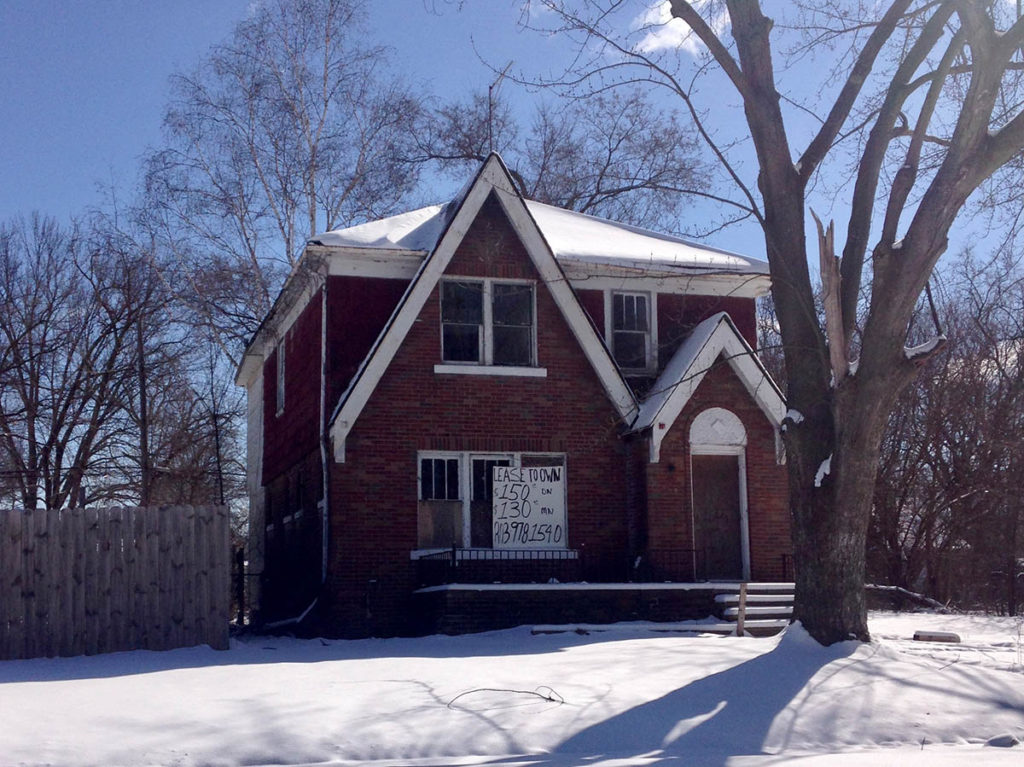 “Lease to Own” vacant house for sale in Brightmoor. Houses in Brightmoor sold from around $500 and $15,000, such as through the Wayne County tax foreclosure auction, city sales, or informal private sales. Formal loans and mortgages were nearly absent.