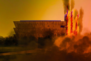 Time-lapse of Counter-memorial aggregation and burning, with National Museum of African American History and Culture in the foreground.