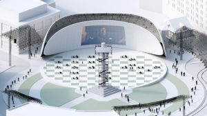 Rendering of an open air theater with a pedestal in the center of a plaza, projecting a video onto a curved screen.