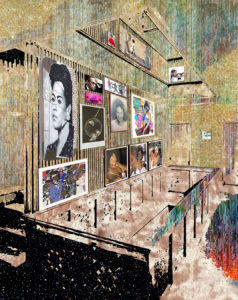 An abstract rendering of an architectural space with images of historically prominent Black citizens on the walls.