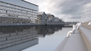 People sitting on steps leading down to the Limmat River looking towards the factory on the other side of the river.