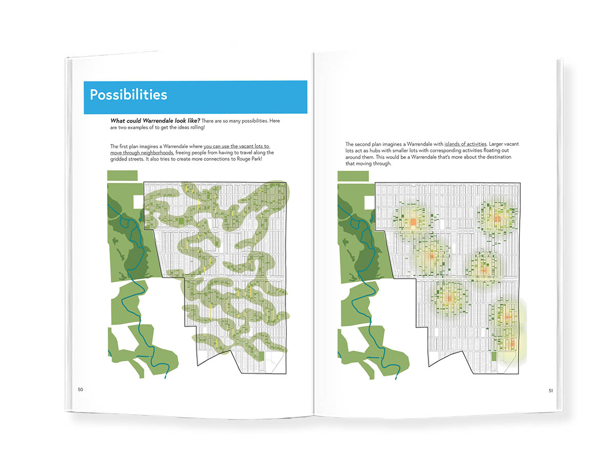 Sample spread of book showing the possibilities of what Warrendale could look like