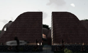 Leaving the duplex for an early morning surf session. A figure carries a surfboard in front of curved two-story residential buildings bisected by a walkway.