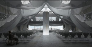 An early morning shot of the communal chapel space formed by operable stretched fabric ceiling that drapes around an existing concrete column in the elderly care home atrium.