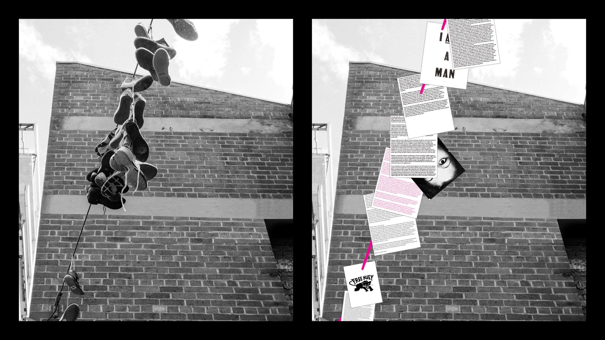 two images side to side show shoes hanging on telephone line (left) and papers and poetry hanging on telephone line (right)