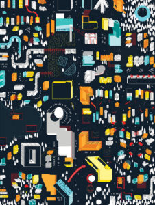 Illustrated neighborhood map showing aerial view of city buildings drawn in bright colors on a black background.