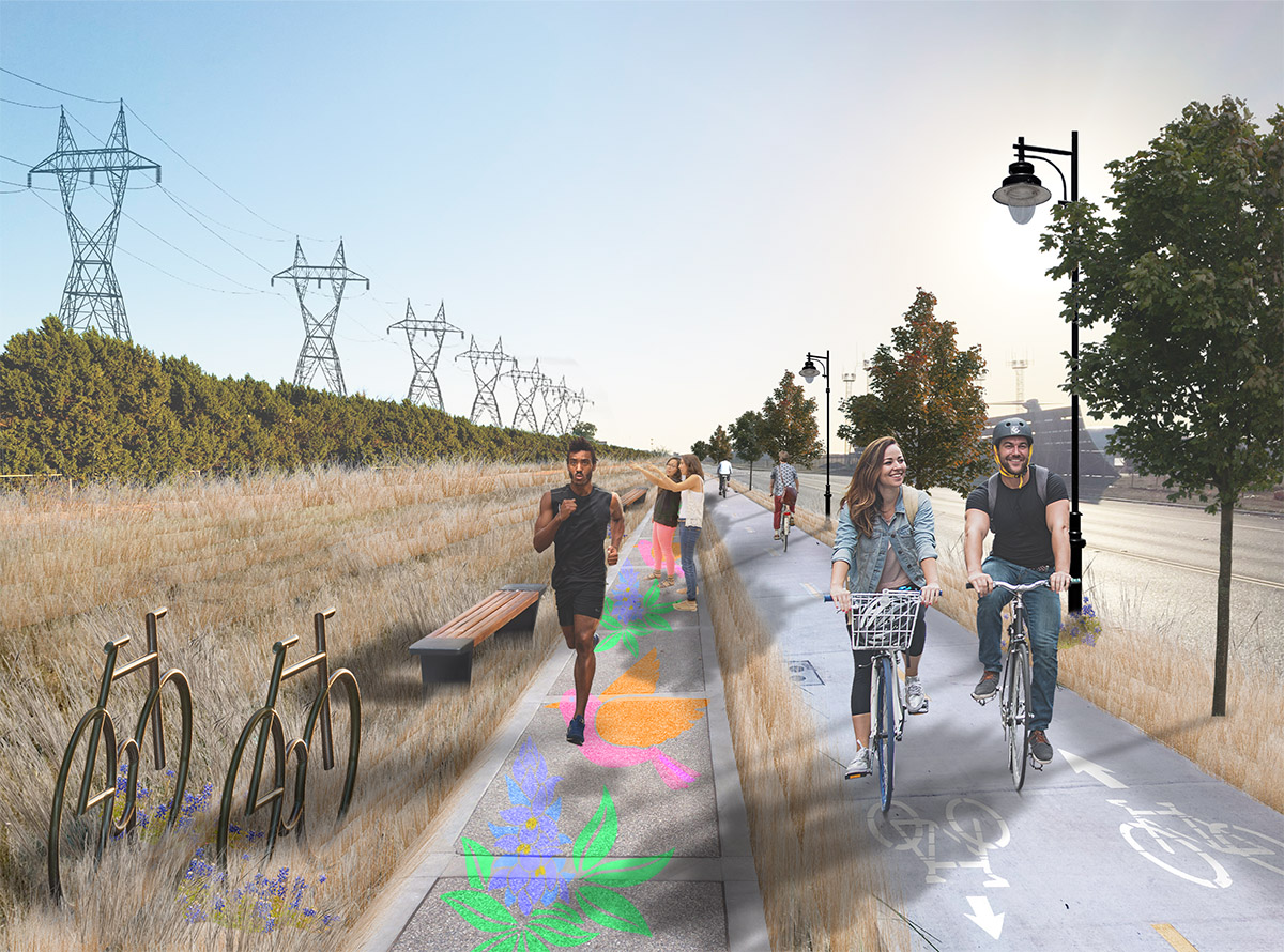 Runners and bicyclists on a trail corridor