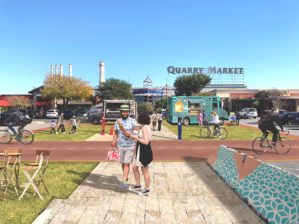 A rendering of two people standing in front of a pop-up market