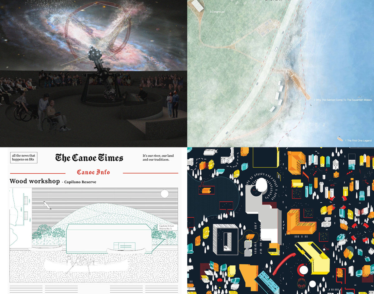 A collage of four projects showing a planetarium interior, a landscape site plan, an aerial drawing of a city map, and a newspaper front page.