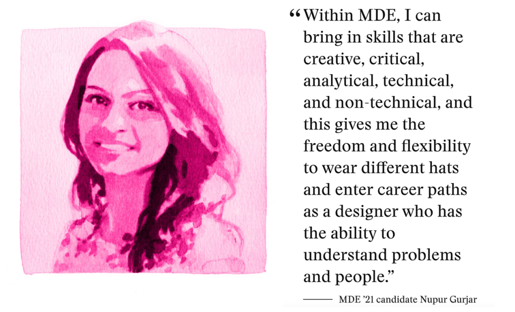 illustration of Nupur in pink next to a quote from her reading 