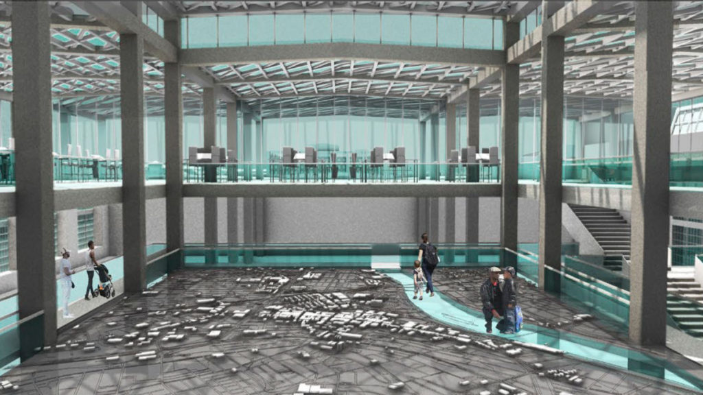 Interior image of architecture showing atrium clad in glass and concrete