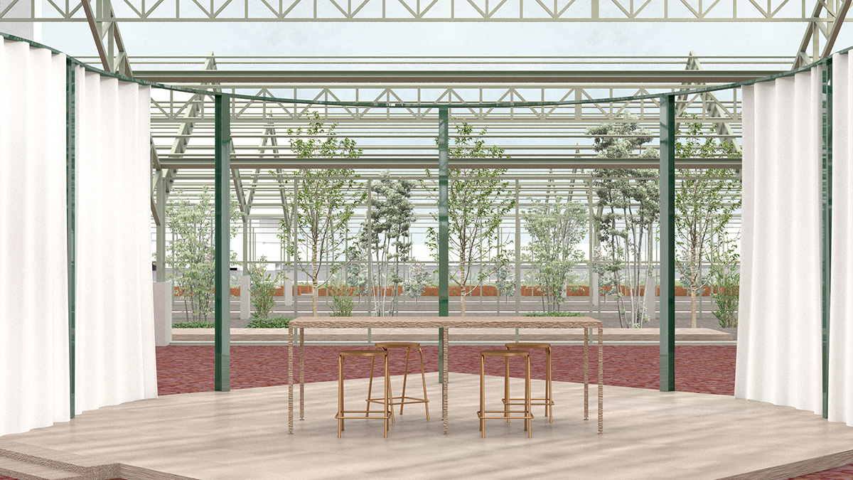 Interior view within a room looking out to the agriculture fields