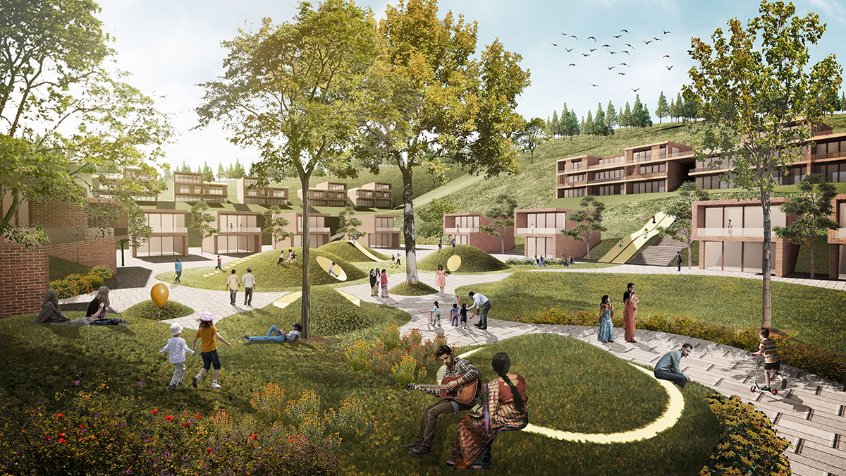 Rendering of communal garden areas with the development in the background