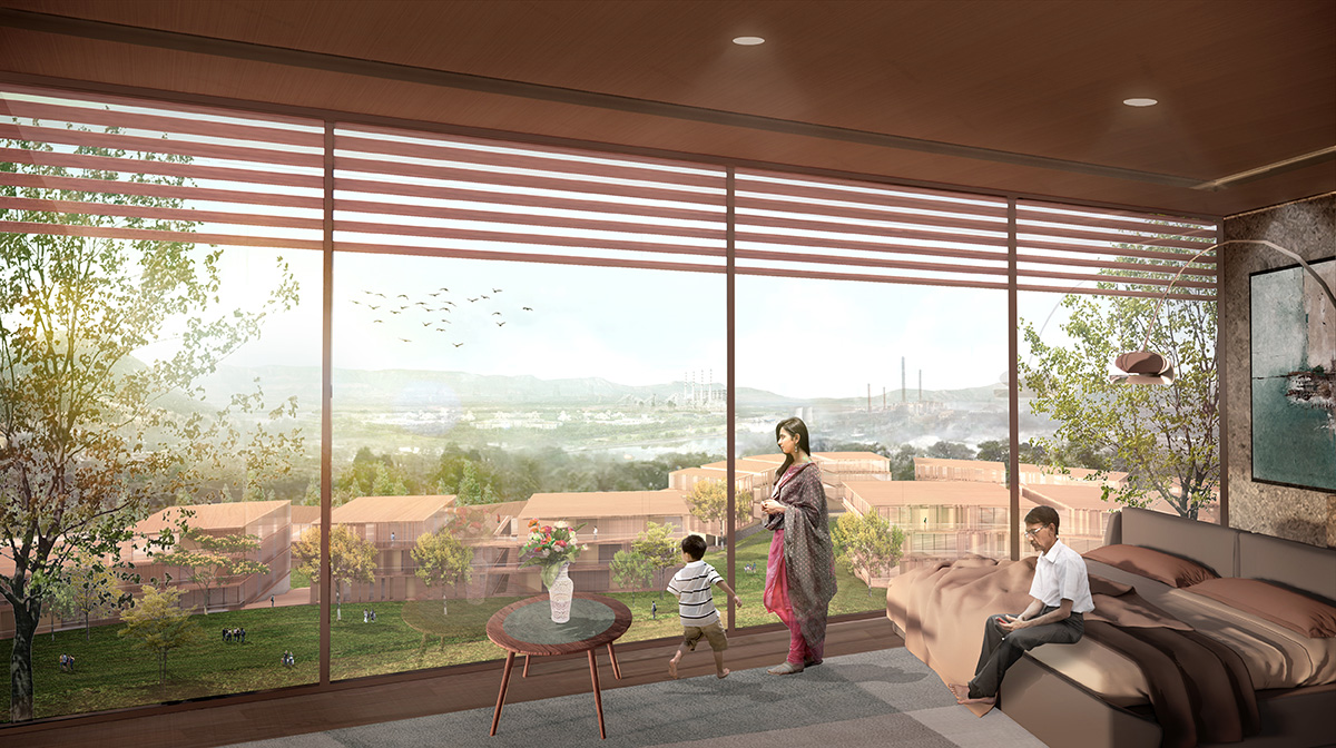 Rendering of family in bedroom overlooking view from large windows