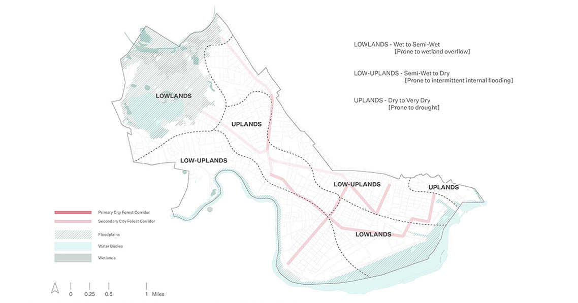 Map of City Forest proposal showing the three ecotypes: lowlands, low-uplands, and uplands in Cambridge, MA.