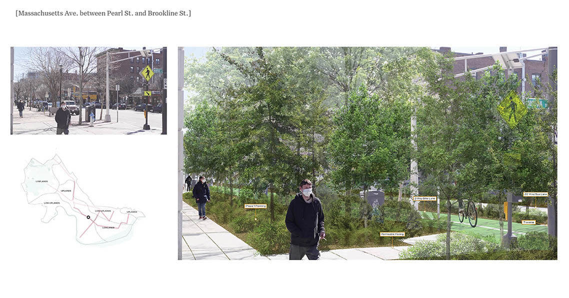Before and after images of the proposal and a small map locating the place of the view.