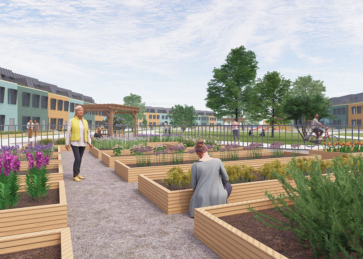 Perspectival image of garden and colored townhouses in the background