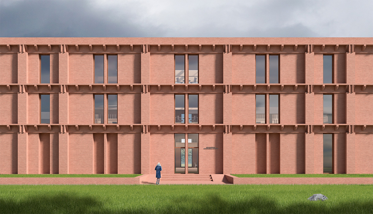 Exterior view of brick facade in a three story building.