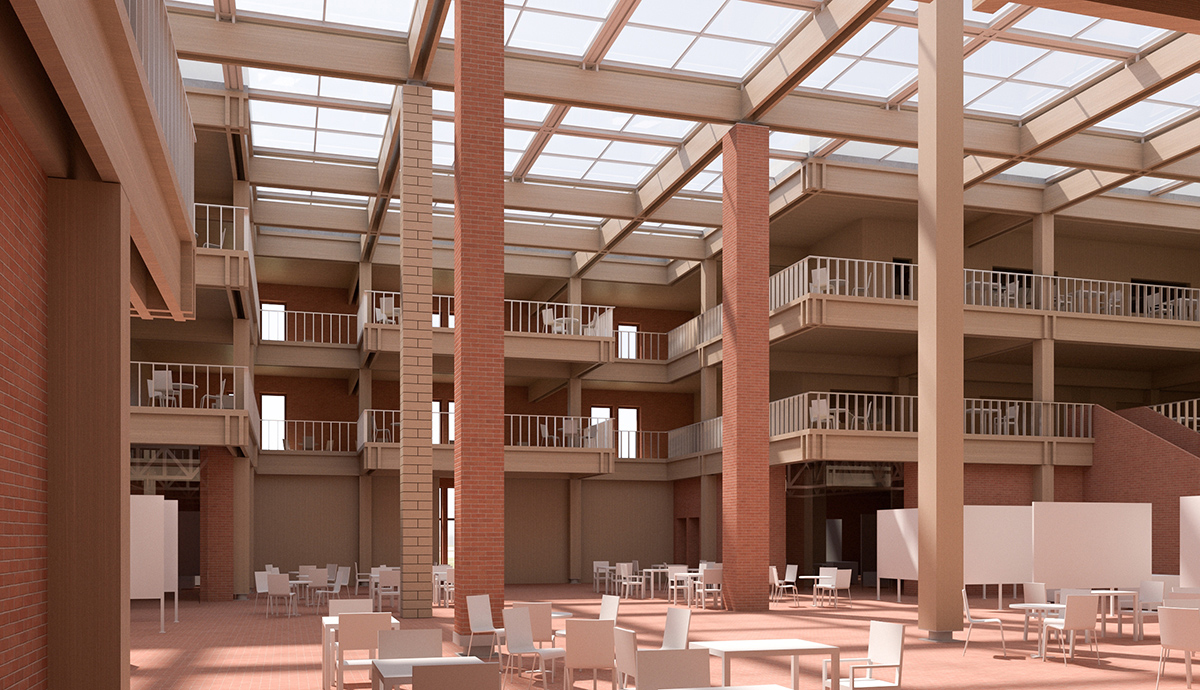 Interior view with skylight and brick material.