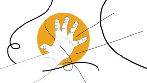 Line drawing of a hand in black and white touching a yellow circle.