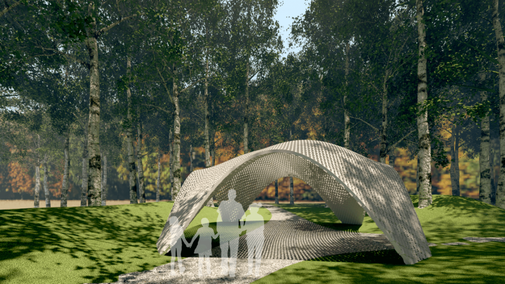 Rendering showing the NuBlock dome in a forest.