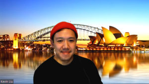 Headshot of Kevin Liu in front of a virtual Sydney Opera House.