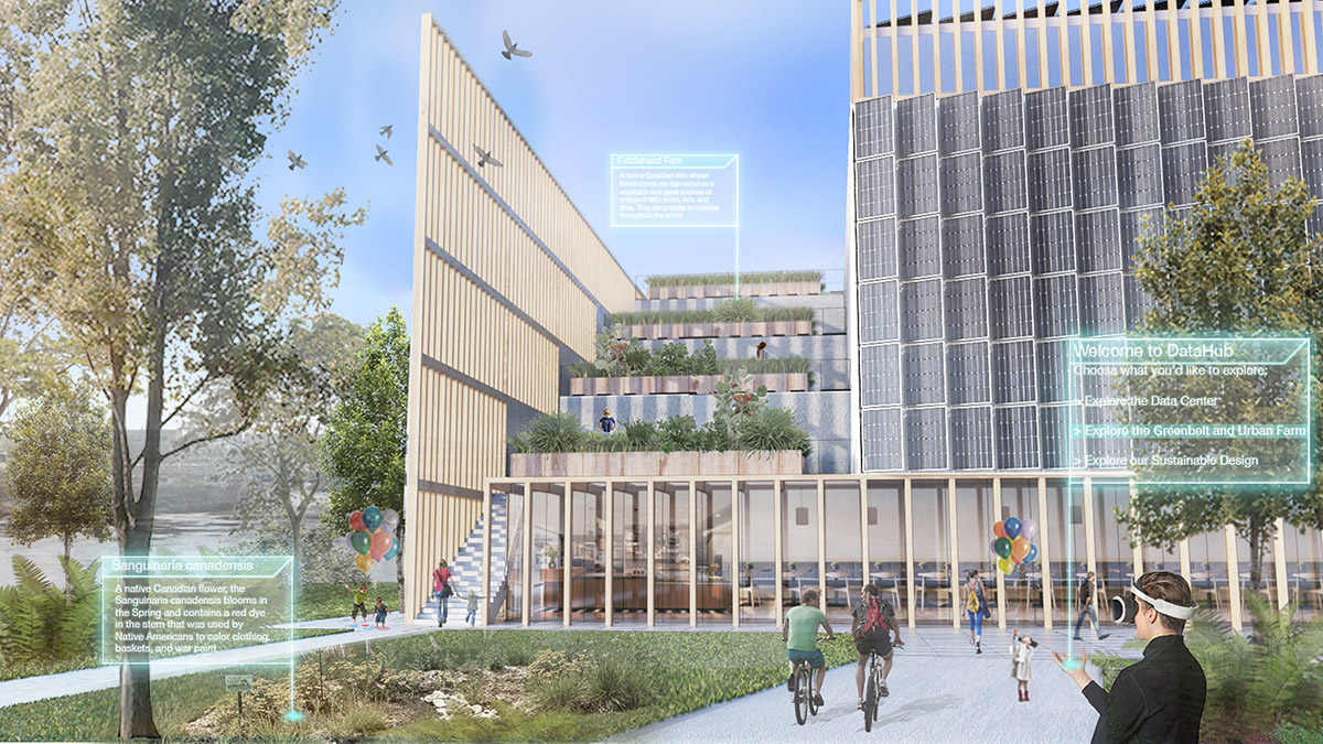 Rendering of building entry and urban farm