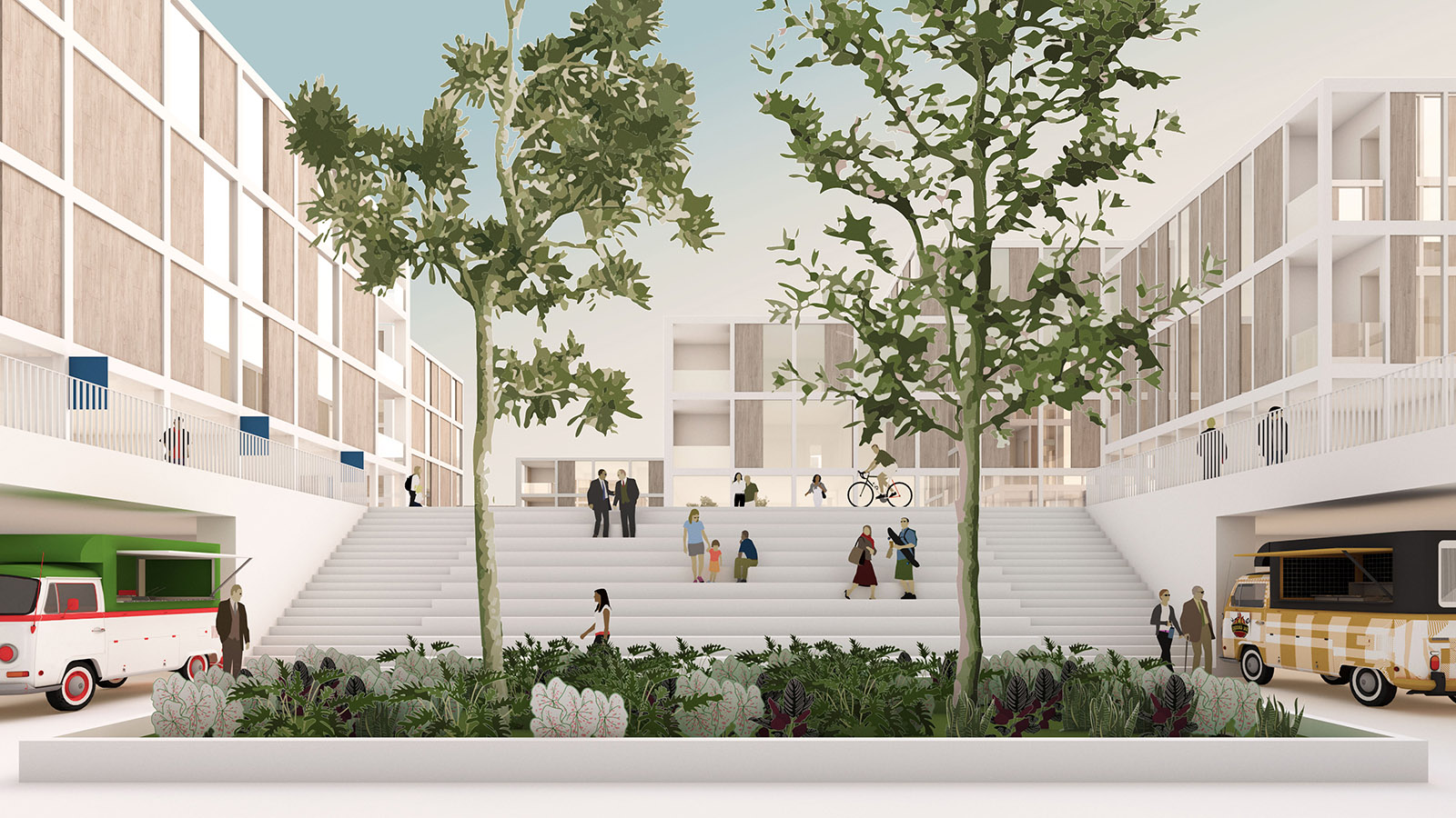 Rendering of plaza stairs with planters and trees in the foreground
