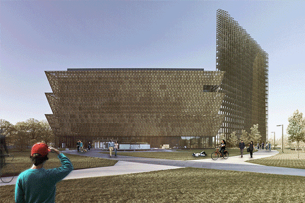 Animation showing the National Museum of African American History with Calvin Boyd's counter-memorial burning besides it.