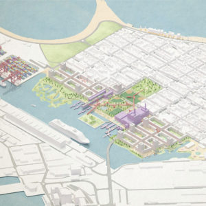 Aerial view of a high-density waterfront area showing a proposed area of parks and buildings placed along the channel.