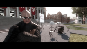 A person stands with folded arms in Harvard Yard. In the background are several stick figures with spherical heads seated in front of a sign that reads "World Domination"