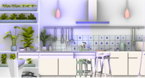 A stylized rendering of a home kitchen with a counter, table and stools, and plants on the shelves.