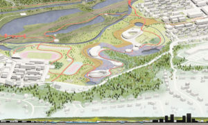 Aerial view of site plan showing an area of green open space containing circular buildings and pathways alongside wetlands, surrounded by higher density built areas. 