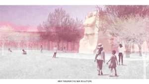 Rendering of the Martin Luther King, Jr. Memorial sculpture, surrounded by large canopy trees and a grassy area with people viewing the memorial.