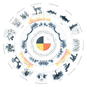 This drawing references the yearly cycle in the Dakota tribal communities ancestral transhumance through the territory of the US in articulation with the sequences of harvest and hunting. Cultural fire was an ecological process entangled with the Dakota people's nomadic trajectories and product/ practices, landscape management and land stewardship.
